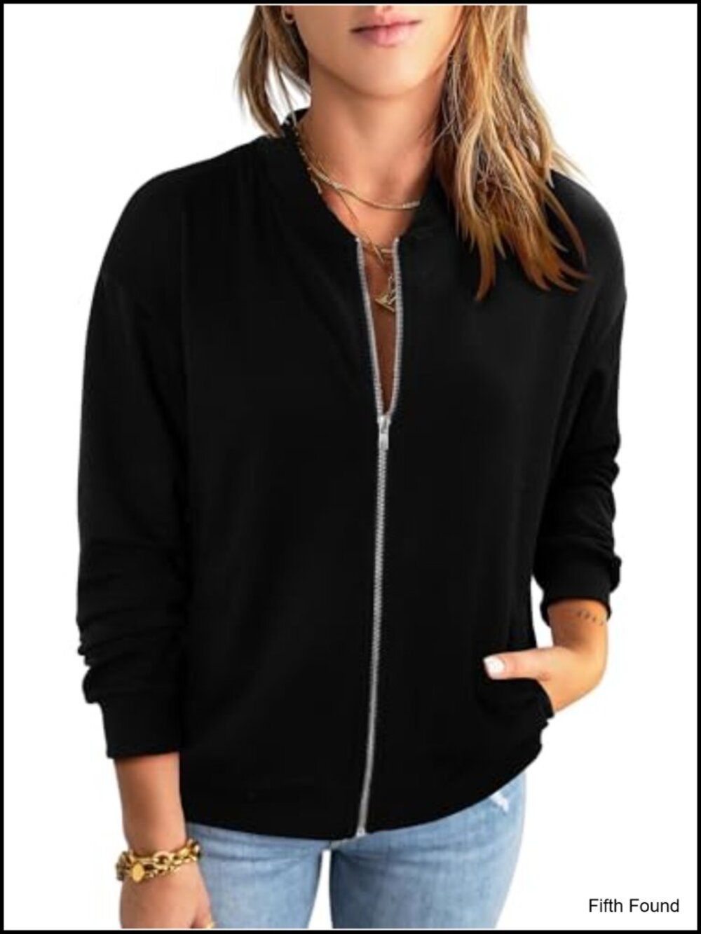 Zip Up Bomber Jacket Long Sleeve Casual Coat Windbreaker with Pockets - Picture 2 of 5